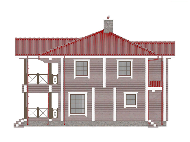 Проект двухэтажного дома-бани из клееного бруса КБ225-2 с террасой и балконом. Фасад 1