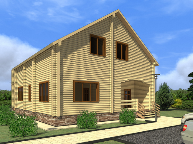 Проект двухэтажного деревянного дома из клееного бруса КБ211. Фасад 2