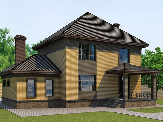 Проект двухэтажного кирпичного дома с террасой и гаражом КП203. Фасад 2