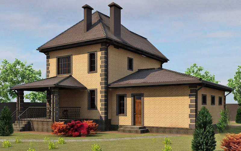 Проект двухэтажного кирпичного дома с гаражом и террасой КП280. Фасад 2