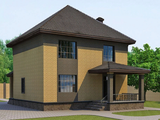Проект двухэтажного кирпичного дома с террасой КП170. Фасад 2