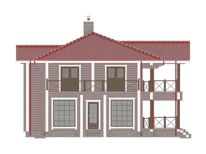 Проект двухэтажного дома-бани из клееного бруса КБ225-2 с террасой и балконом. Фасад 4