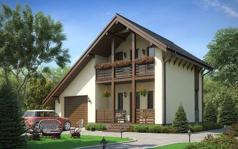 Проект двухэтажного дома из газоблока с гаражом и террасой ГБ95. Фасад.