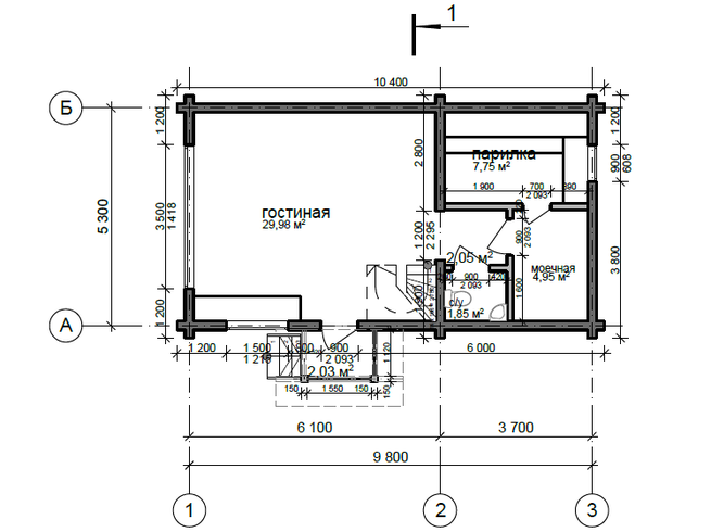 Проект двухэтажной бани КББ92-1. План 1 этажа