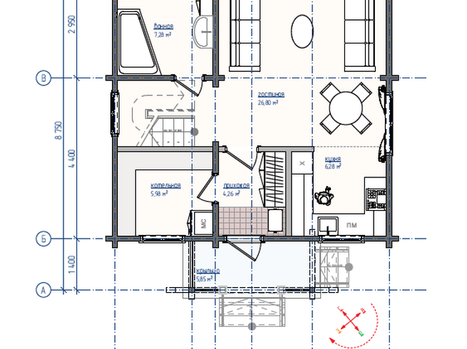 Проект двухэтажного дома из клееного бруса КБ103-1. План 1 этажа
