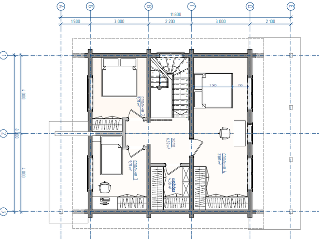 Проект двухэтажного дома из клееного бруса с террасой КБ137-1. План 2 этажа
