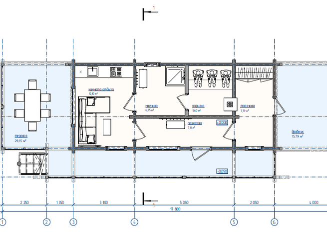 Проект одноэтажной бани с террасой КББ84-2. План бани