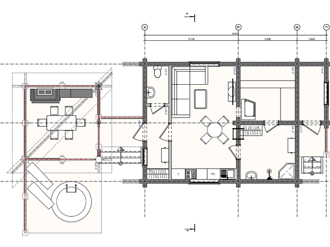 Проект двухэтажной бани с беседкой КББ105-1. План бани и беседки